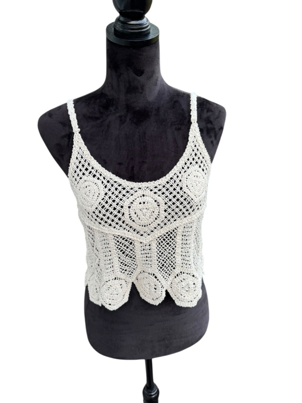 Rachel Zoe Cotton Crochet Lace Tank Top - Cream Spaghetti Strap Western Cowgirl